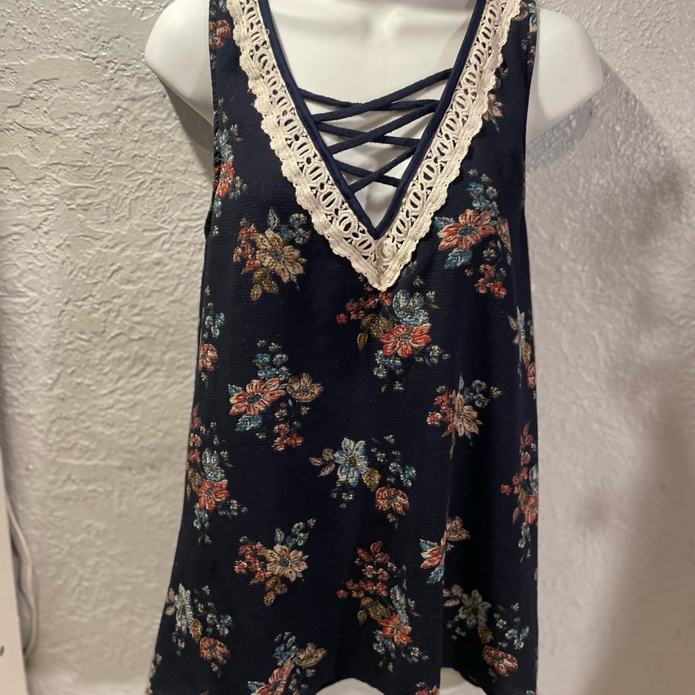 Maurices Navy Floral Lace-Trim Crisscross Tank Top